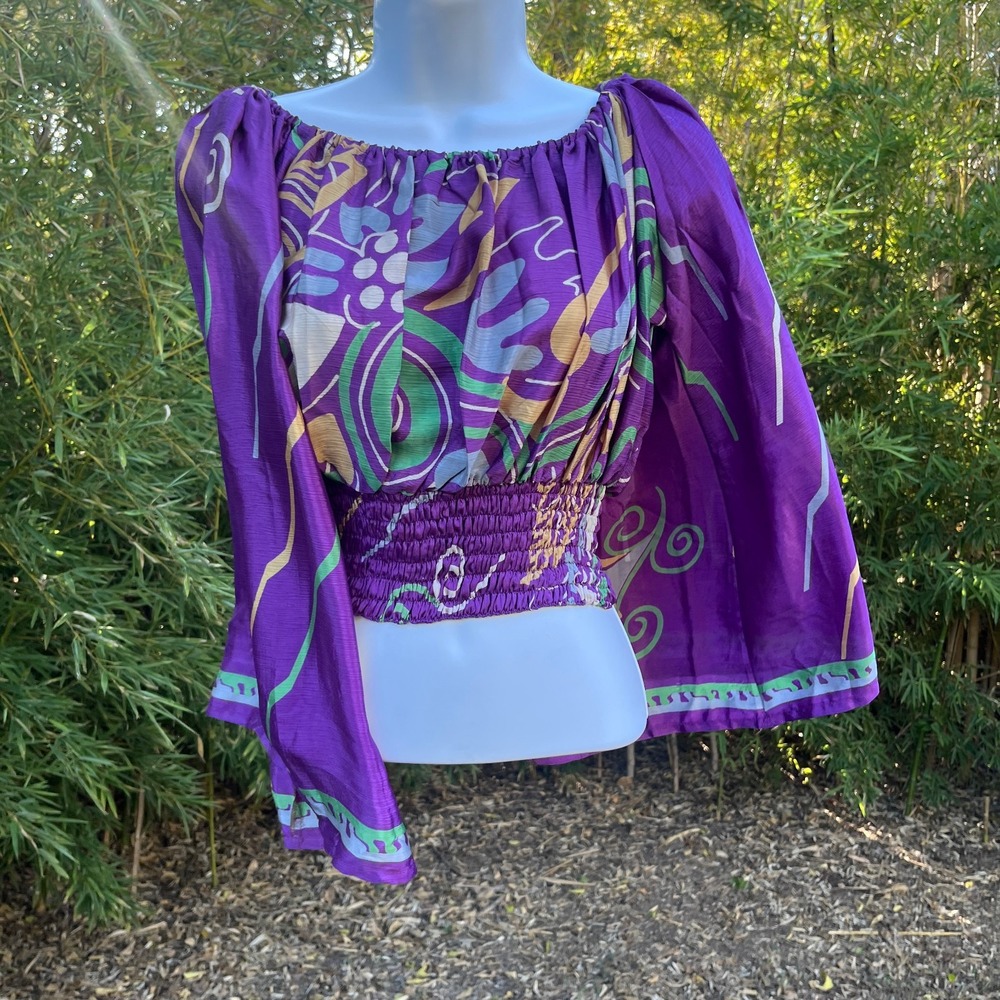 All About Audrey Vintage Saree Top Womens OS Purple Floral Flared Sleeves NEW